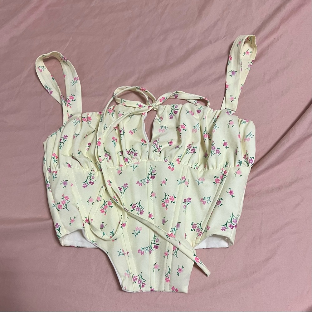Yellow & Pink Floral Printed Cropped Boned Corset Top